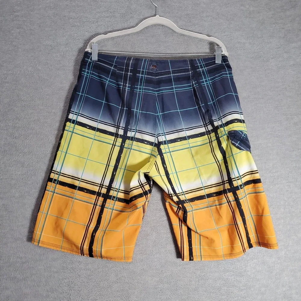 Quiksilver Men Swimwear‎ 34 Yellow Plaid Board Short Outdoor Beach Surf Pockets